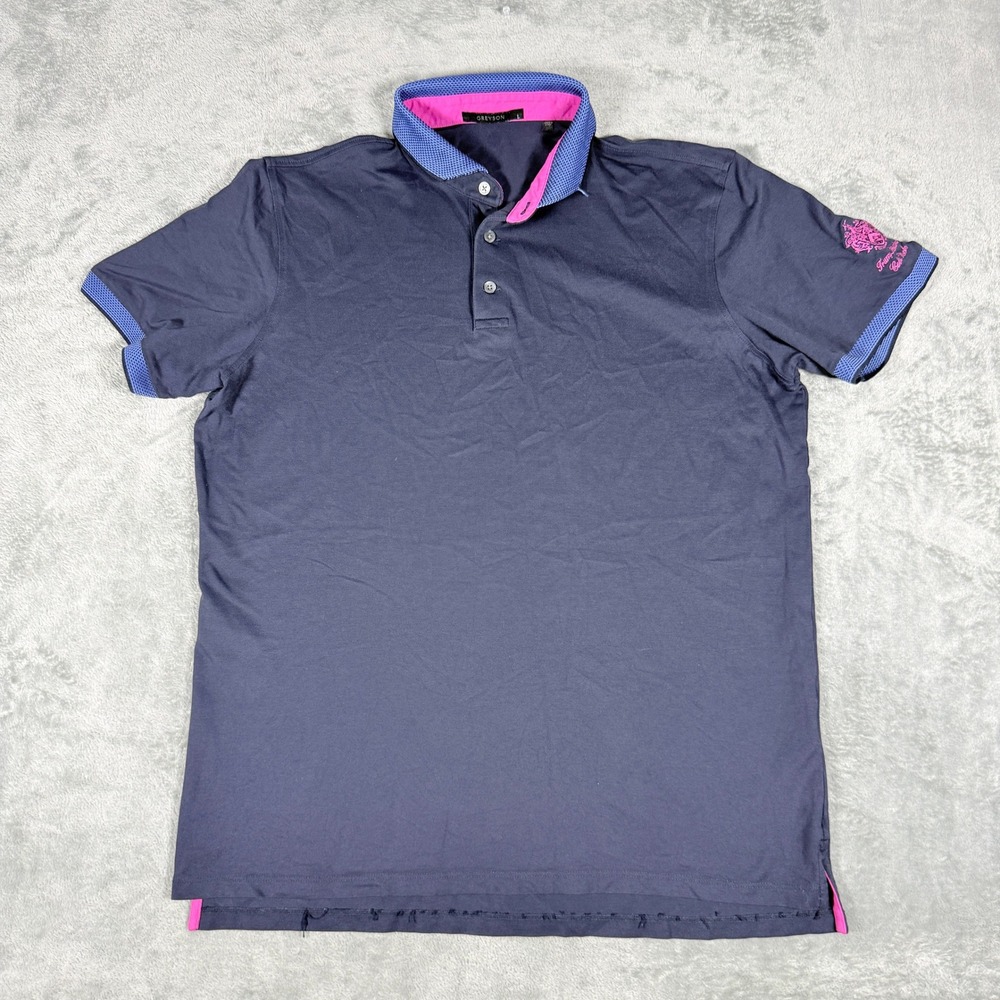 Greyson Mens Large Polo Shirt Navy Blue Trump National Colts Neck Golf Sport